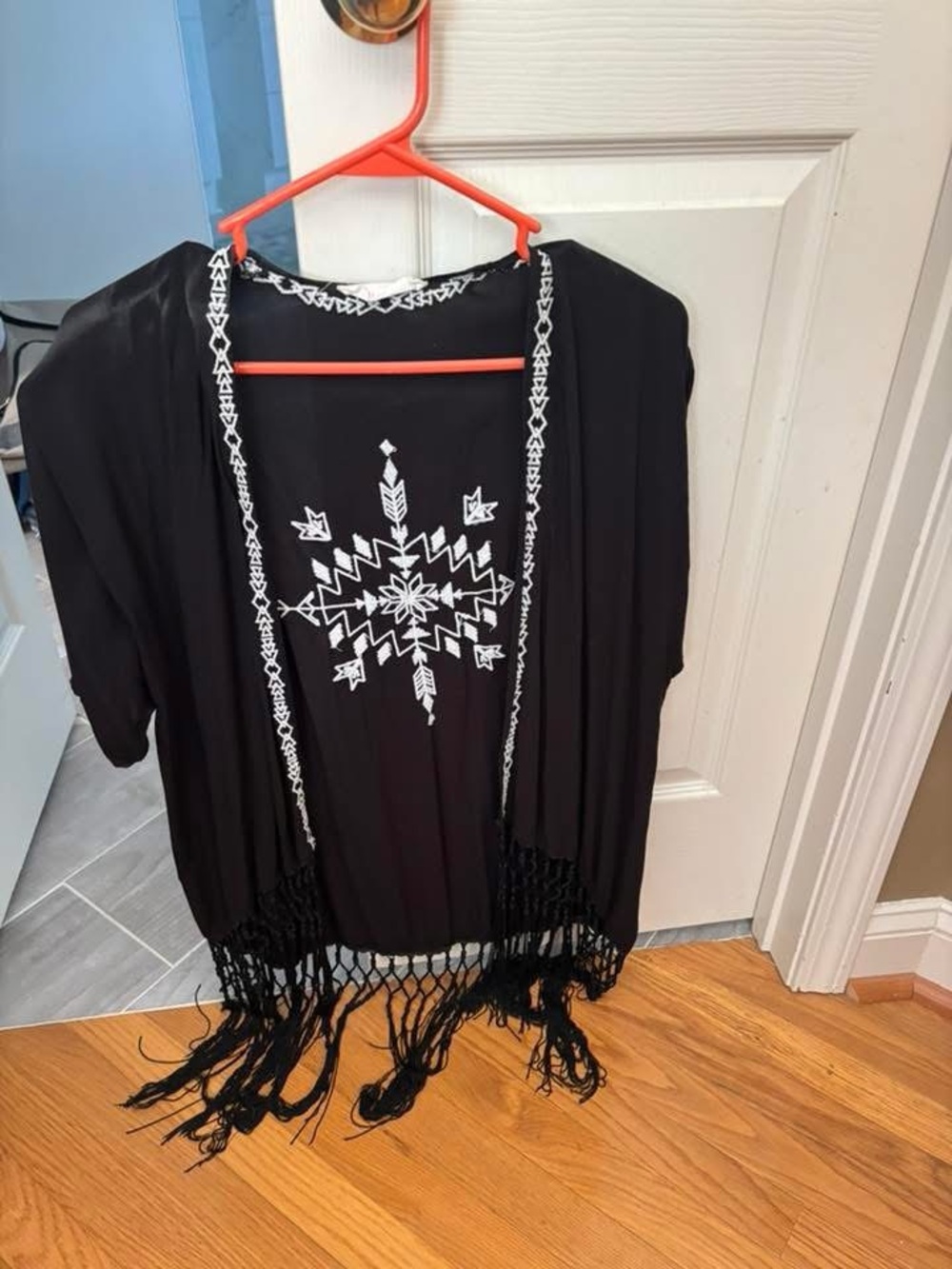 Boho Fringe Black Embroidered Kimono